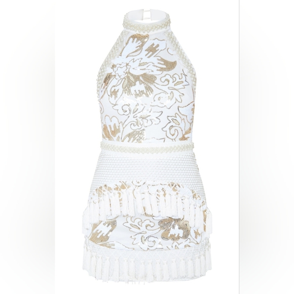 PrettyLittleThing Charlyia White Halterneck Sequin Tassel Bodycon Dress - Picture 10 of 10